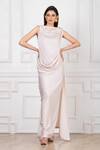 Buy_Megha Garg_Off White Sandwash Satin Floral Applique Embellished Boat Draped Gown _at_Aza_Fashions