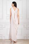 Shop_Megha Garg_Off White Sandwash Satin Floral Applique Embellished Boat Draped Gown _at_Aza_Fashions