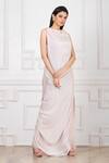 Shop_Megha Garg_Off White Sandwash Satin Floral Applique Embellished Boat Draped Gown _Online_at_Aza_Fashions