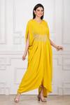 Megha Garg_Yellow Pure Crepe Floral Embroidered V-neck Jumpsuit _Online_at_Aza_Fashions