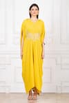 Shop_Megha Garg_Yellow Pure Crepe Floral Embroidered V-neck Jumpsuit _Online_at_Aza_Fashions