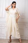 Buy_Megha Garg_Off White Crepe Embroidery V-neck Draped Jumpsuit _at_Aza_Fashions