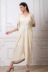 Megha Garg_Off White Crepe Embroidery V-neck Draped Jumpsuit _Online_at_Aza_Fashions