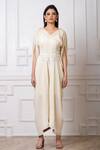 Shop_Megha Garg_Off White Crepe Embroidery V-neck Draped Jumpsuit _Online_at_Aza_Fashions