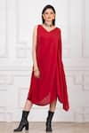 Buy_Megha Garg_Red Crepe V-neck Asymmetric Hem Dress _at_Aza_Fashions