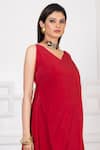 Shop_Megha Garg_Red Crepe V-neck Asymmetric Hem Dress _Online_at_Aza_Fashions