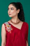 Megha Garg_Red Art Crepe Floral Placement Hand Embroidery V Neck Draped Dress _Online_at_Aza_Fashions