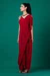 Buy_Megha Garg_Red Art Crepe Floral Placement Hand Embroidery V Neck Draped Dress _Online_at_Aza_Fashions