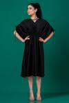 Buy_Megha Garg_Black Satin Plain V Neck Cinched Waist Dress_at_Aza_Fashions