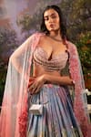 Moledro_Blue Georgette, Net Sequins, Beads, Floral Embroidered Ombre Bridal Lehenga Set _at_Aza_Fashions