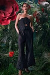 Buy_Chandrima_Black Chanderi, Cotton Embroidery Off-shoulder Floral Ruched Bustier _at_Aza_Fashions