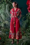 Buy_Chandrima_Red Chanderi Thread Embroidered Collared Floral Shirt Dress _at_Aza_Fashions