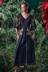 Buy_Chandrima_Black Chanderi Thread Embroidered V Neck Pleated Ruched Dress _at_Aza_Fashions