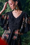 Buy_Chandrima_Black Chanderi Thread Embroidered V Neck Pleated Ruched Dress _Online_at_Aza_Fashions