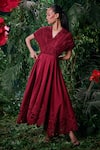 Chandrima_Wine Chanderi 3d Floral Embroidered V Neck Ruched Dress _Online_at_Aza_Fashions