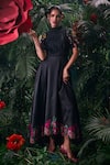 Buy_Chandrima_Black Chanderi Applique Embroidered High Round Floral Work Maxi Dress _at_Aza_Fashions