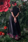 Shop_Chandrima_Black Chanderi Applique Embroidered High Round Floral Work Maxi Dress _at_Aza_Fashions