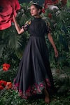 Chandrima_Black Chanderi Applique Embroidered High Round Floral Work Maxi Dress _Online_at_Aza_Fashions