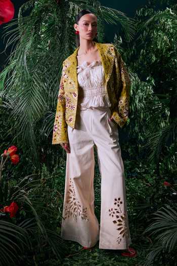 Buy_Chandrima_Green Kota Doria, Cotton Beads, Embroidery Collared Contrast Cord Work Jacket _at_Aza_Fashions