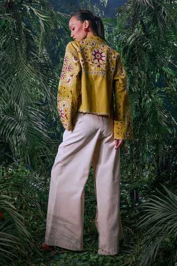 Shop_Chandrima_Green Kota Doria, Cotton Beads, Embroidery Collared Contrast Cord Work Jacket _at_Aza_Fashions