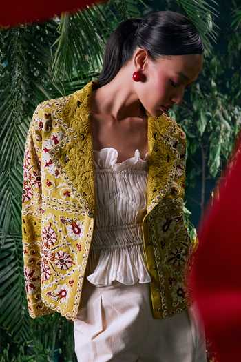 Chandrima_Green Kota Doria, Cotton Beads, Embroidery Collared Contrast Cord Work Jacket _Online_at_Aza_Fashions