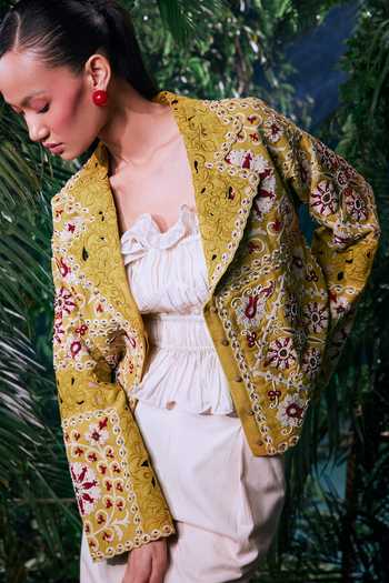 Buy_Chandrima_Green Kota Doria, Cotton Beads, Embroidery Collared Contrast Cord Work Jacket _Online_at_Aza_Fashions