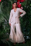 Buy_Chandrima_Ivory Chanderi 3d Floral Applique Embroidered V Neck Tonal Cutwork Jacket _at_Aza_Fashions