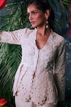 Chandrima_Ivory Chanderi 3d Floral Applique Embroidered V Neck Tonal Cutwork Jacket _Online_at_Aza_Fashions