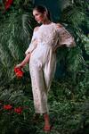 Buy_Chandrima_Ivory Chanderi 3d Bloom Peta Cut Work Round Embellished Jumpsuit _at_Aza_Fashions