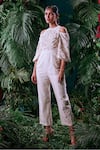 Chandrima_Ivory Chanderi 3d Bloom Peta Cut Work Round Embellished Jumpsuit _Online_at_Aza_Fashions