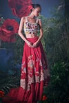 Buy_Chandrima_Red Chanderi Peony Bloom Beads Applique Cut Work Layered Lehenga _at_Aza_Fashions