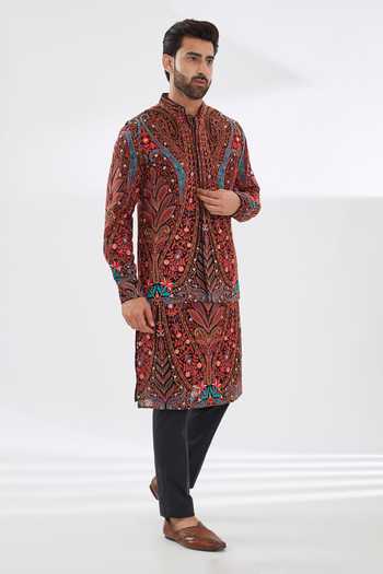 Buy Black Georgette Camellia Bloom Embroidery Bundy For Men by Rabani ...