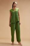 Buy_Theroverjournal_Green Handloom Cotton Plain Notched Neck Sleeveless Top With Pant_at_Aza_Fashions