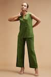 Theroverjournal_Green Handloom Cotton Plain Notched Neck Sleeveless Top With Pant_Online_at_Aza_Fashions