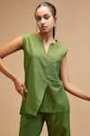 Buy_Theroverjournal_Green Handloom Cotton Plain Notched Neck Sleeveless Top With Pant_Online_at_Aza_Fashions