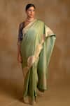 Priyanka Raajiv_Green Silk Banarasi Bhagwati Pattern Saree With Unstitched Blouse _Online_at_Aza_Fashions