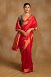 Buy_Priyanka Raajiv_Red Silk Chanderi Temple Arch Sora Border Saree With Unstitched Blouse Piece _at_Aza_Fashions