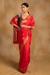 Priyanka Raajiv_Red Silk Chanderi Temple Arch Sora Border Saree With Unstitched Blouse Piece _Online_at_Aza_Fashions