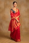 Buy_Priyanka Raajiv_Red Silk Chanderi Temple Arch Sora Border Saree With Unstitched Blouse Piece _Online_at_Aza_Fashions