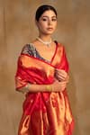 Shop_Priyanka Raajiv_Red Silk Chanderi Temple Arch Sora Border Saree With Unstitched Blouse Piece _Online_at_Aza_Fashions