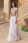 Buy_Arpita Mehta_Silver Skirt Tissue Hand Embroidered Mirror Deep V Neck Blouse Set _Online_at_Aza_Fashions