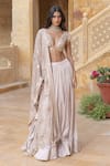 Buy_Arpita Mehta_Silver Skirt Tissue Hand Embroidered Mirror Deep V Neck Blouse Set _at_Aza_Fashions