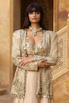 Arpita Mehta_Gold Skirt Tissue Hand Embroidered Mirror Jacket Open Work Set _Online_at_Aza_Fashions