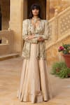 Buy_Arpita Mehta_Gold Skirt Tissue Hand Embroidered Mirror Jacket Open Work Set _at_Aza_Fashions