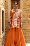 Arpita Mehta_Orange Georgette Hand Embroidered Thread Notched Mirror Jacket And Sharara Set _Online_at_Aza_Fashions