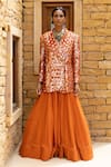 Buy_Arpita Mehta_Orange Georgette Hand Embroidered Thread Notched Mirror Jacket And Sharara Set _at_Aza_Fashions