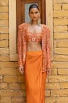 Arpita Mehta_Orange Jacket And Blouse Net Hand Embroidered Mirror Work Draped Skirt Set _Online_at_Aza_Fashions