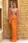 Buy_Arpita Mehta_Orange Jacket And Blouse Net Hand Embroidered Mirror Work Draped Skirt Set _at_Aza_Fashions