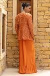 Shop_Arpita Mehta_Orange Jacket And Blouse Net Hand Embroidered Mirror Work Draped Skirt Set _at_Aza_Fashions