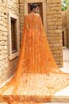 Shop_Arpita Mehta_Orange Net Hand Embroidered Thread Cape Open Mirror Fish Cut Skirt Set_at_Aza_Fashions